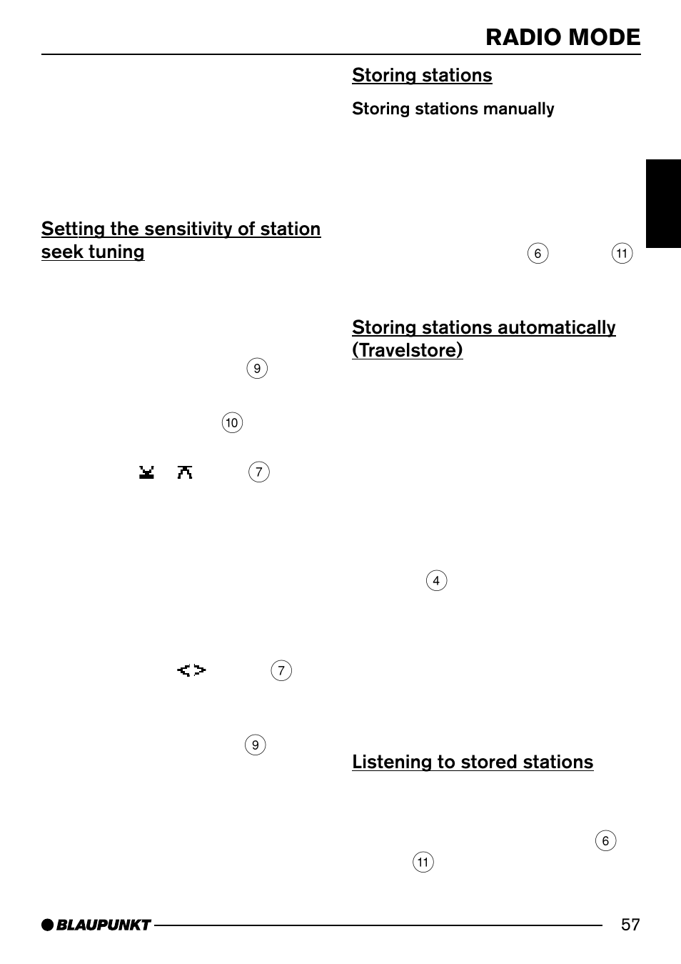 Radio mode, Setting the sensitivity of station seek tuning, Storing stations | Storing stations automatically (travelstore), Listening to stored stations | Blaupunkt Acapulco MP54 User Manual | Page 14 / 45