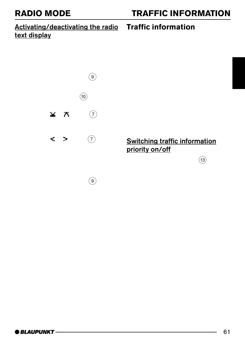 Radio mode traffic information, Traffic information, Activating/deactivating the radio text display | Switching traffic information priority on/off | Blaupunkt Acapulco MP54 User Manual | Page 18 / 45
