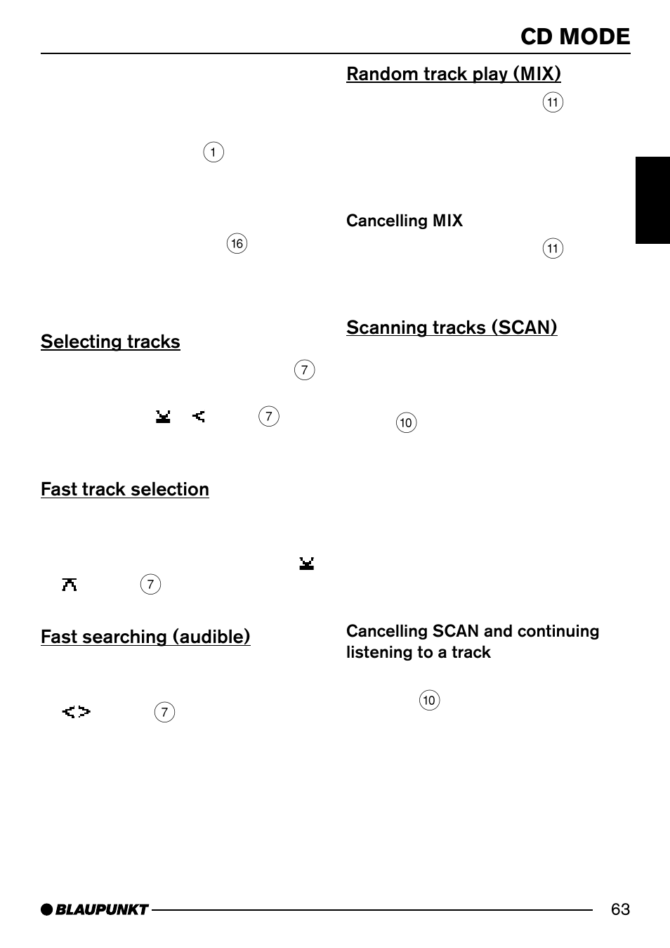 Cd mode, Selecting tracks, Fast track selection | Fast searching (audible), Random track play (mix), Scanning tracks (scan) | Blaupunkt Acapulco MP54 User Manual | Page 20 / 45