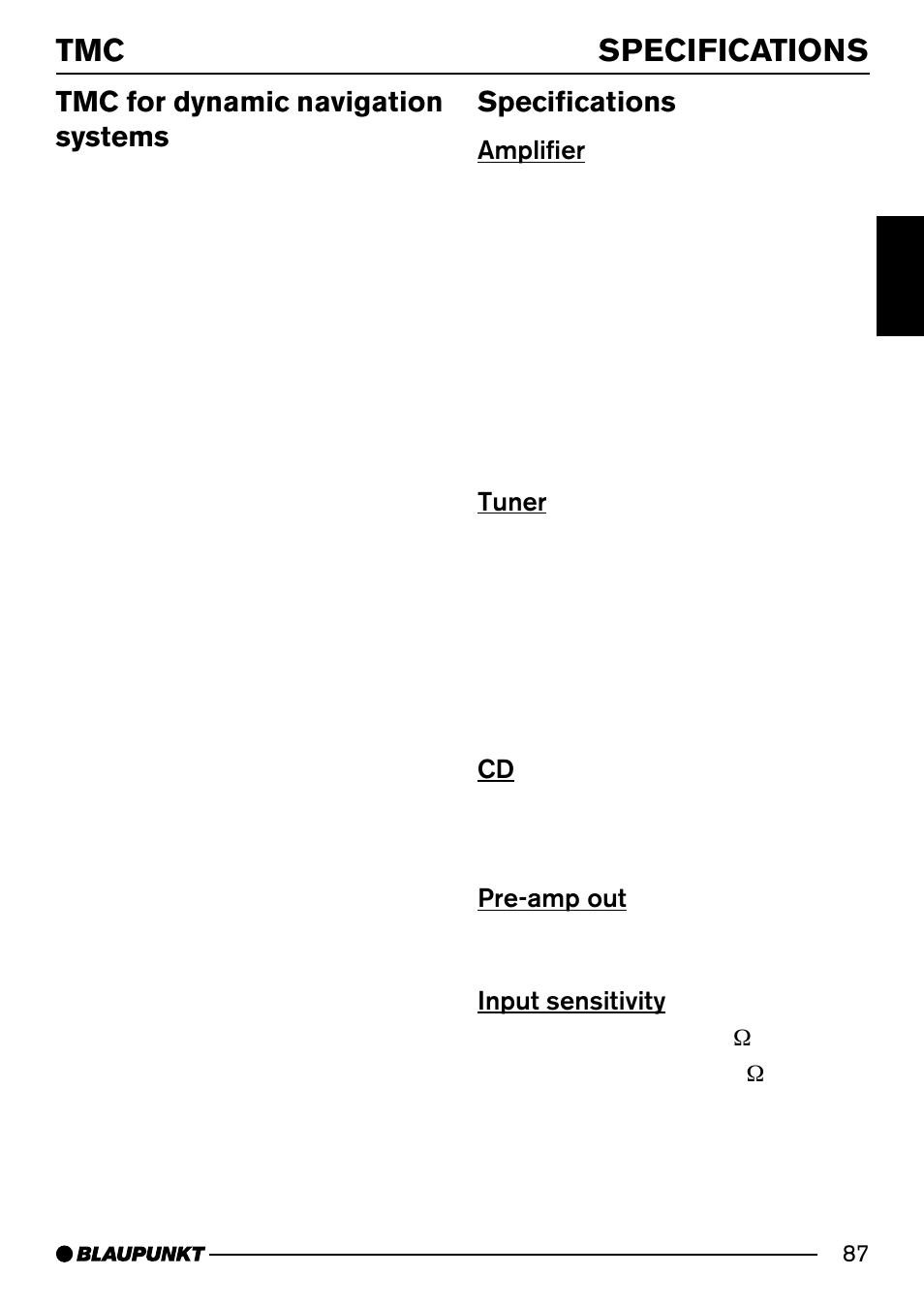 Specifications tmc, Tmc for dynamic navigation systems, Specifications | Amplifier, Tuner, Pre-amp out, Input sensitivity | Blaupunkt Acapulco MP54 User Manual | Page 44 / 45