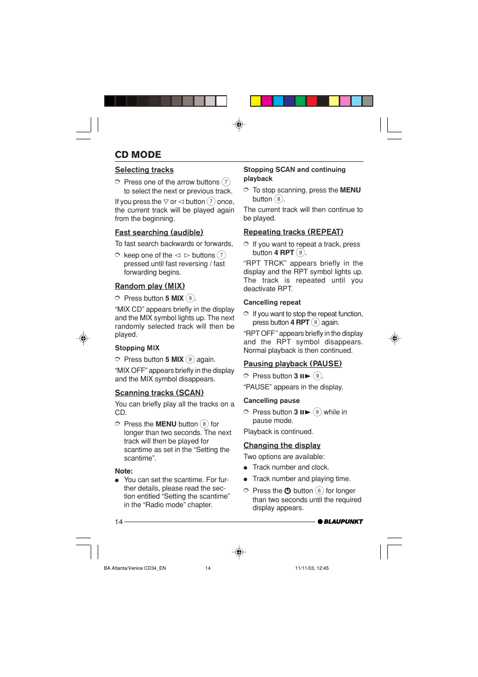 Cd mode | Blaupunkt Atlanta CD34 User Manual | Page 14 / 84