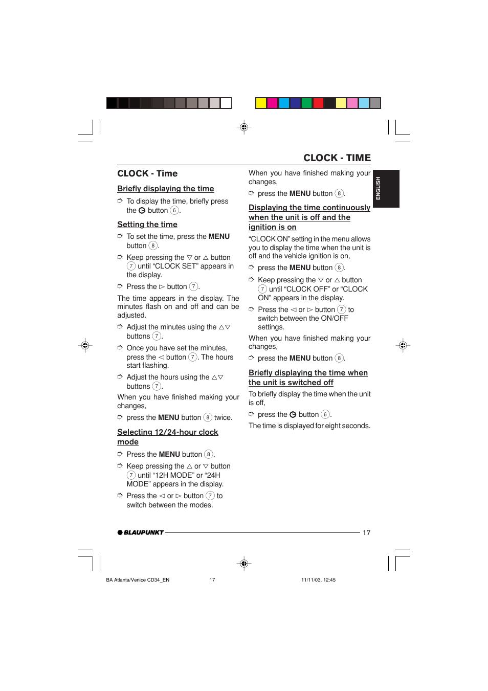 Clock - time | Blaupunkt Atlanta CD34 User Manual | Page 17 / 84