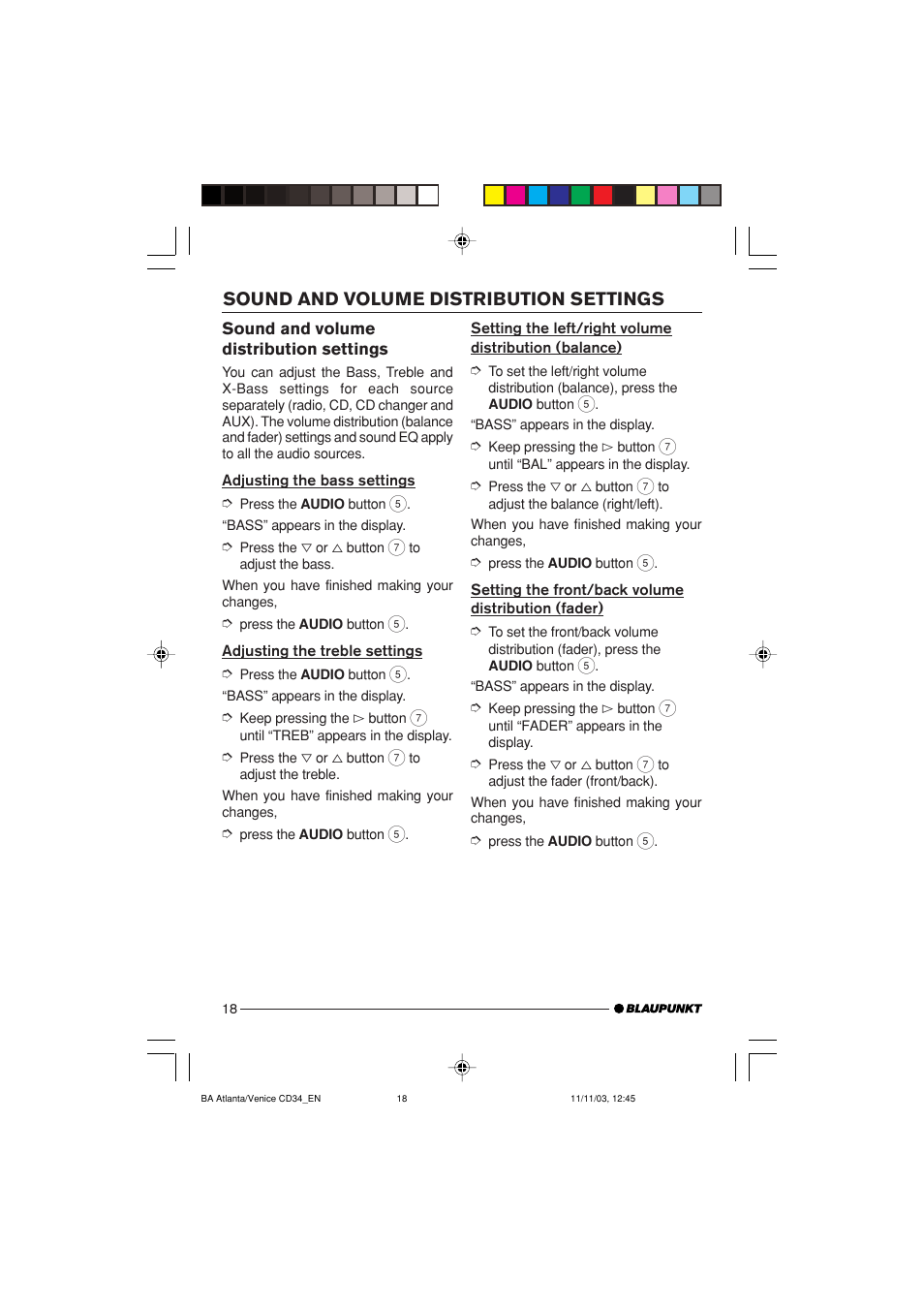 Sound and volume distribution settings | Blaupunkt Atlanta CD34 User Manual | Page 18 / 84