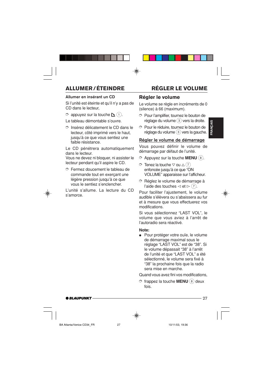 Régler le volume allumer / éteindre | Blaupunkt Atlanta CD34 User Manual | Page 27 / 84