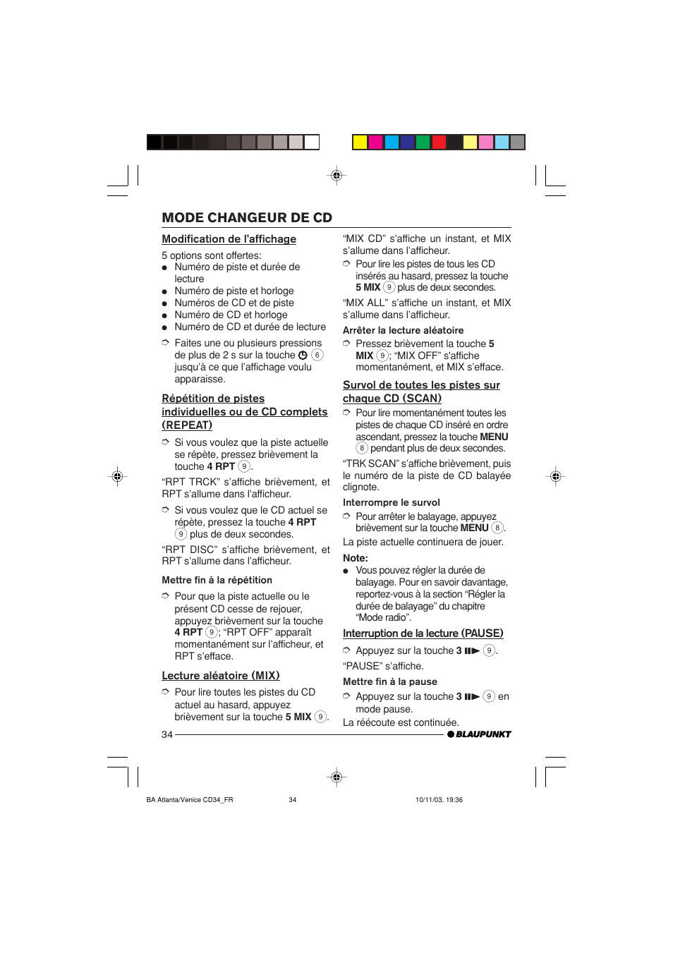 Mode changeur de cd | Blaupunkt Atlanta CD34 User Manual | Page 34 / 84