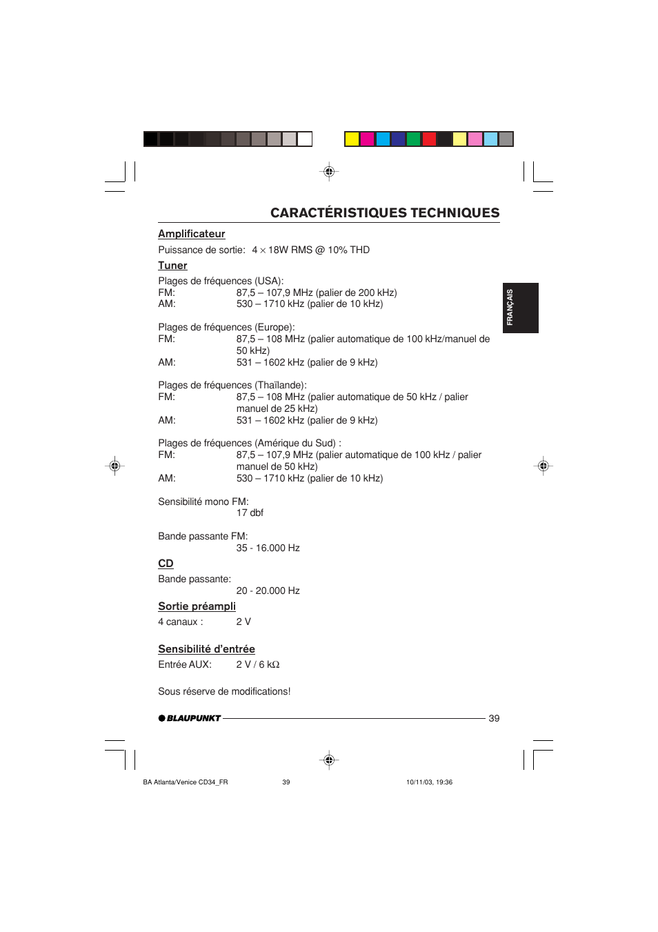 Caractéristiques techniques | Blaupunkt Atlanta CD34 User Manual | Page 39 / 84