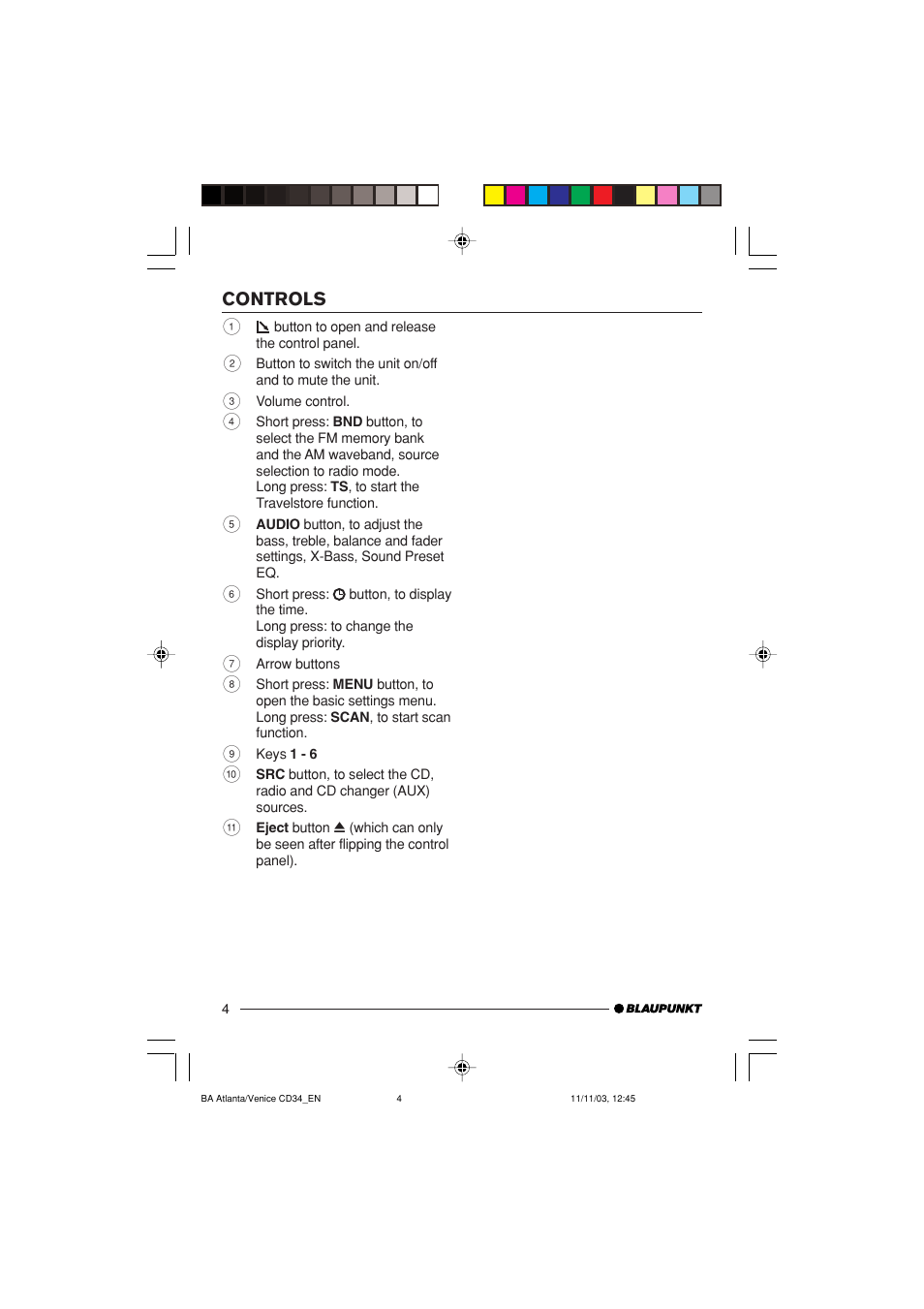 Controls | Blaupunkt Atlanta CD34 User Manual | Page 4 / 84