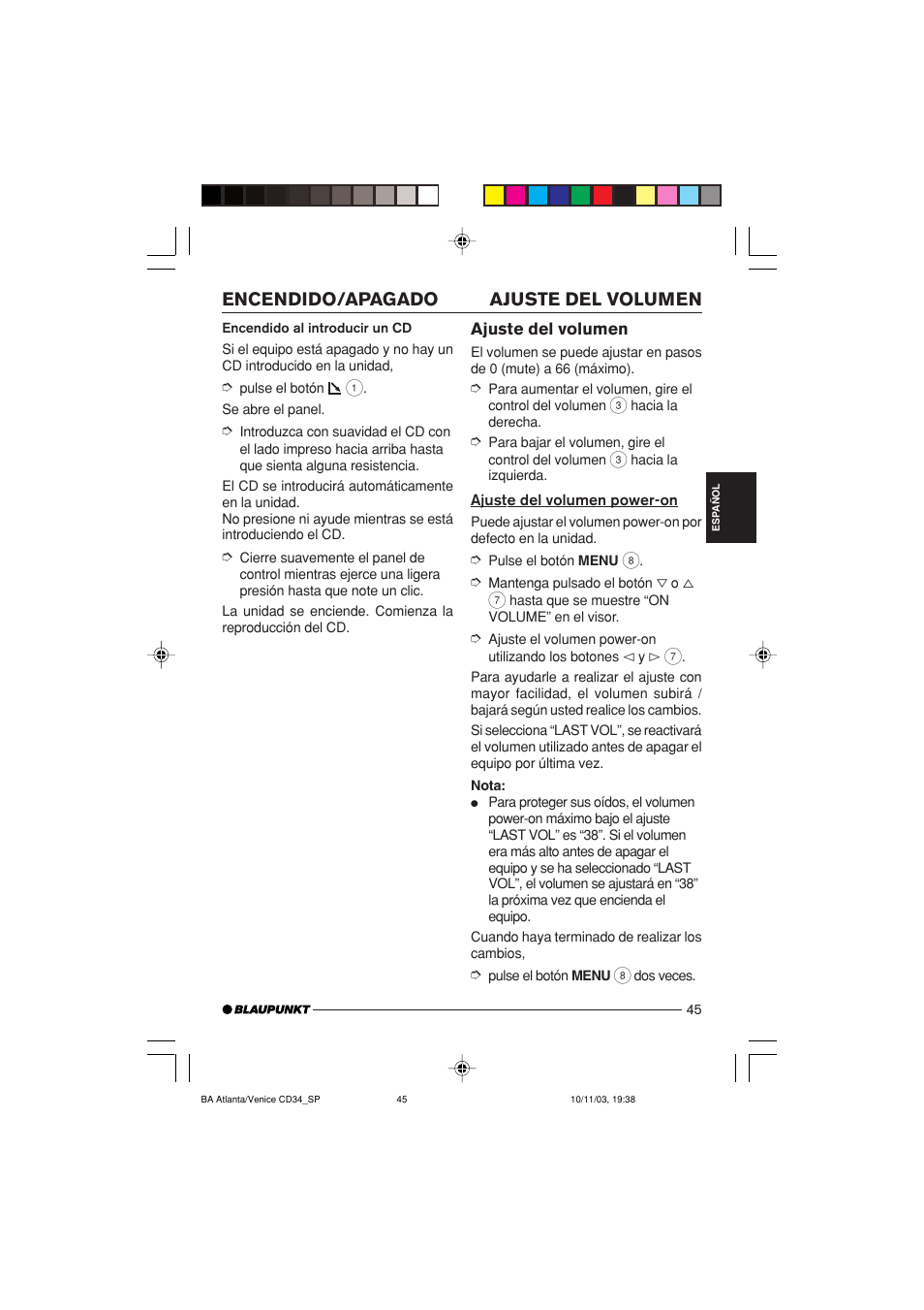 Ajuste del volumen encendido/apagado | Blaupunkt Atlanta CD34 User Manual | Page 45 / 84