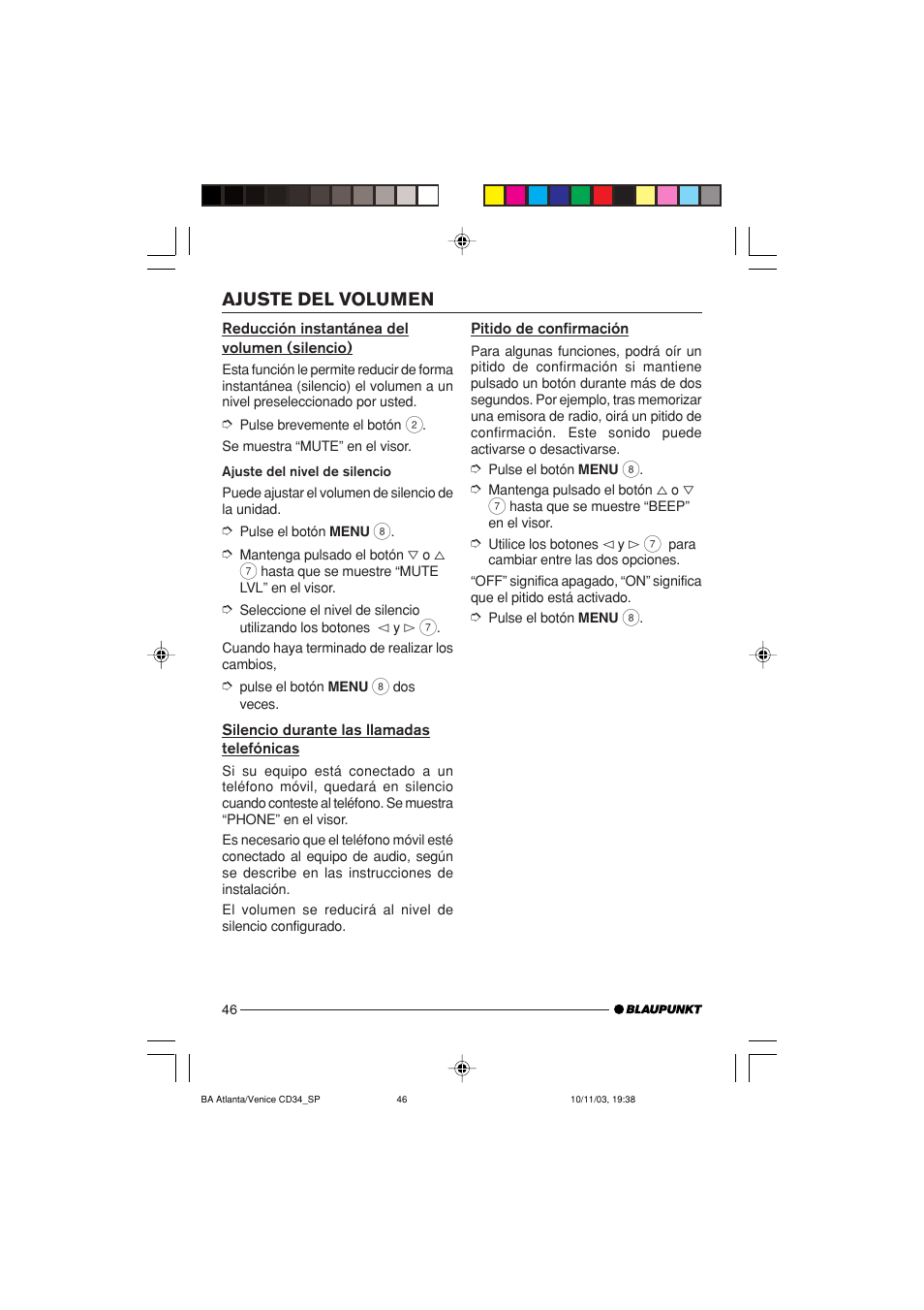 Ajuste del volumen | Blaupunkt Atlanta CD34 User Manual | Page 46 / 84