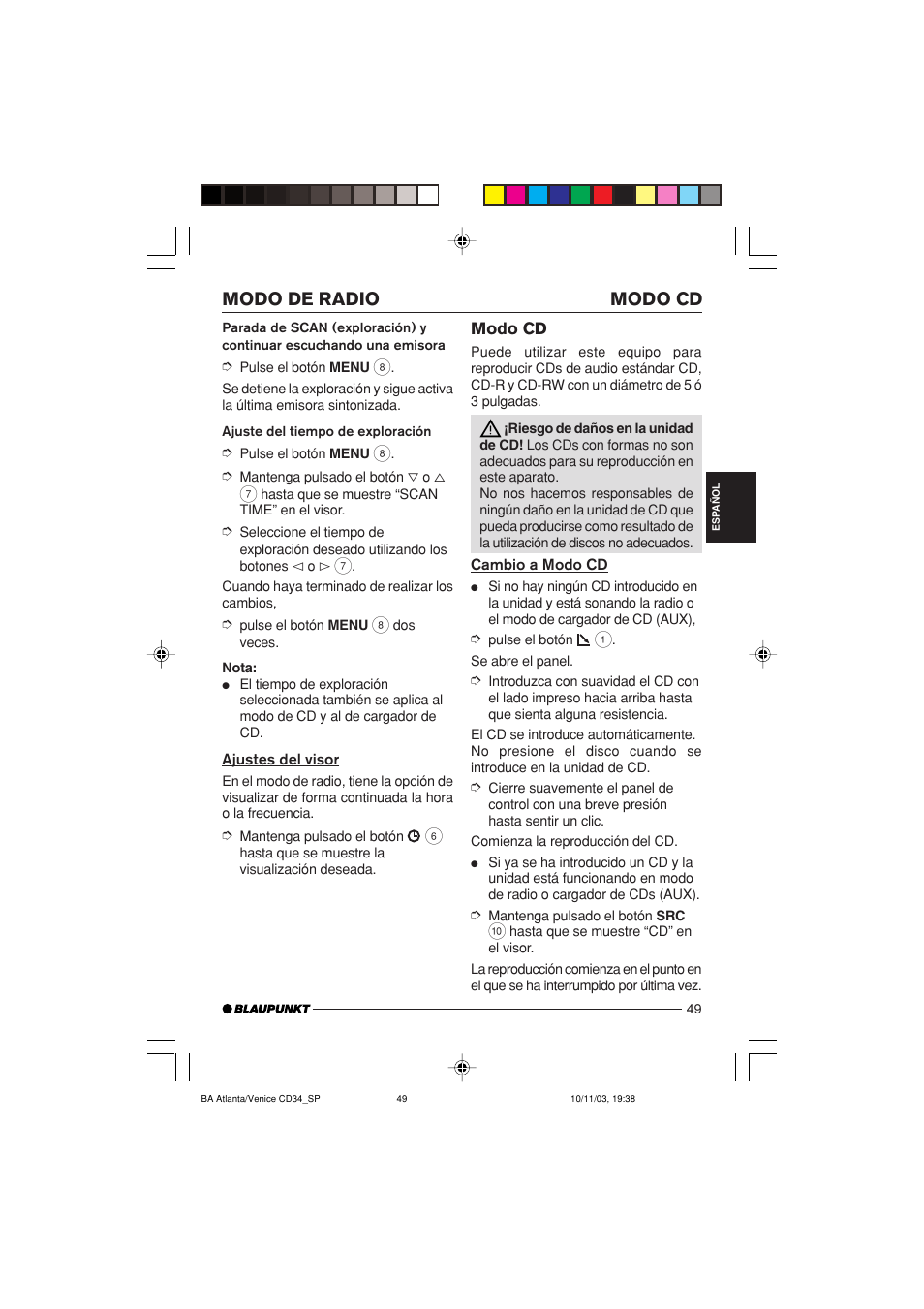 Modo cd modo de radio | Blaupunkt Atlanta CD34 User Manual | Page 49 / 84