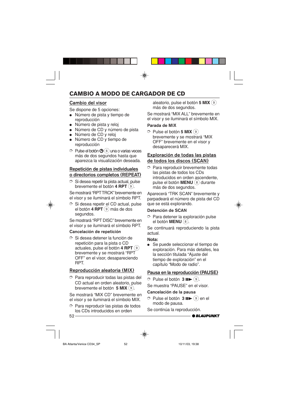 Cambio a modo de cargador de cd | Blaupunkt Atlanta CD34 User Manual | Page 52 / 84