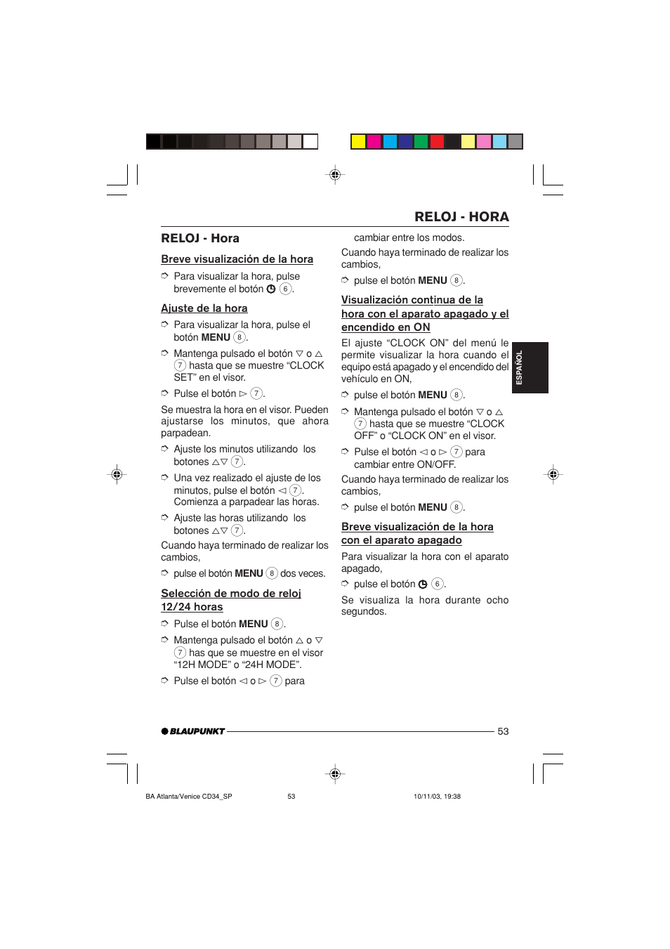 Reloj - hora | Blaupunkt Atlanta CD34 User Manual | Page 53 / 84