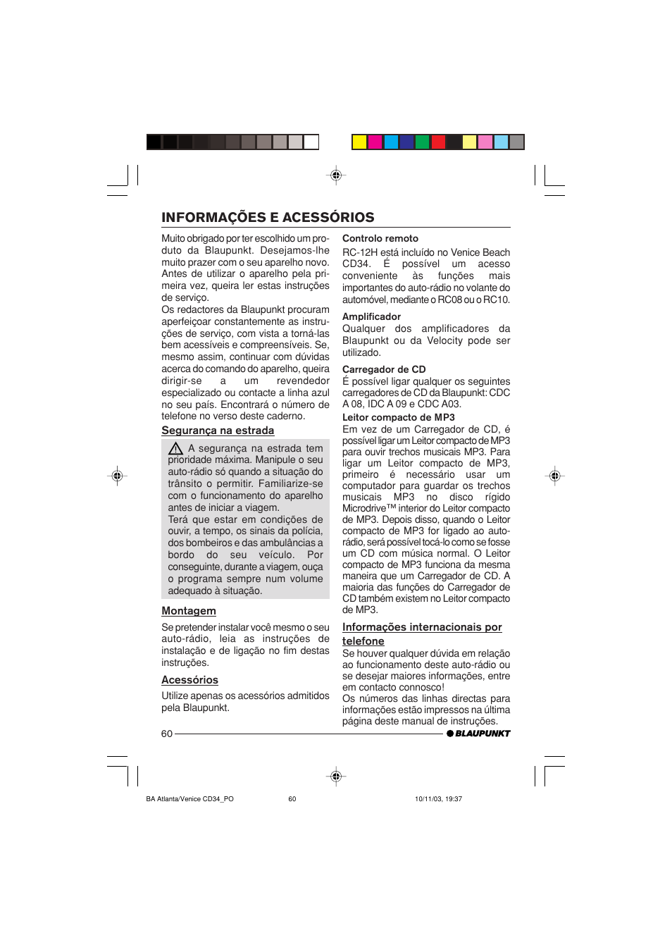 Informações e acessórios | Blaupunkt Atlanta CD34 User Manual | Page 60 / 84