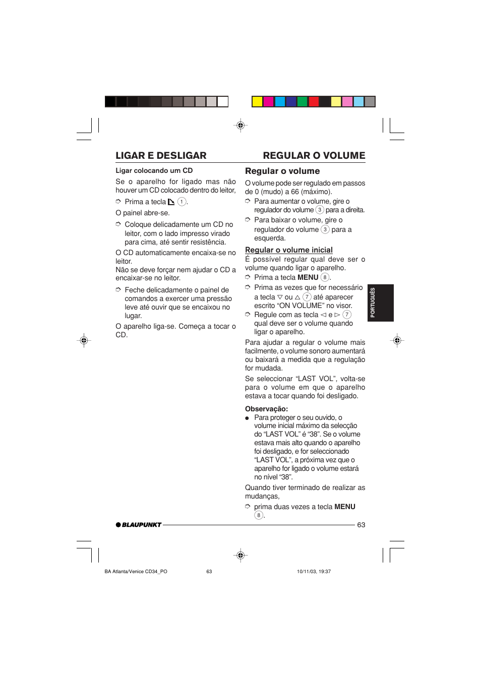Regular o volume ligar e desligar | Blaupunkt Atlanta CD34 User Manual | Page 63 / 84