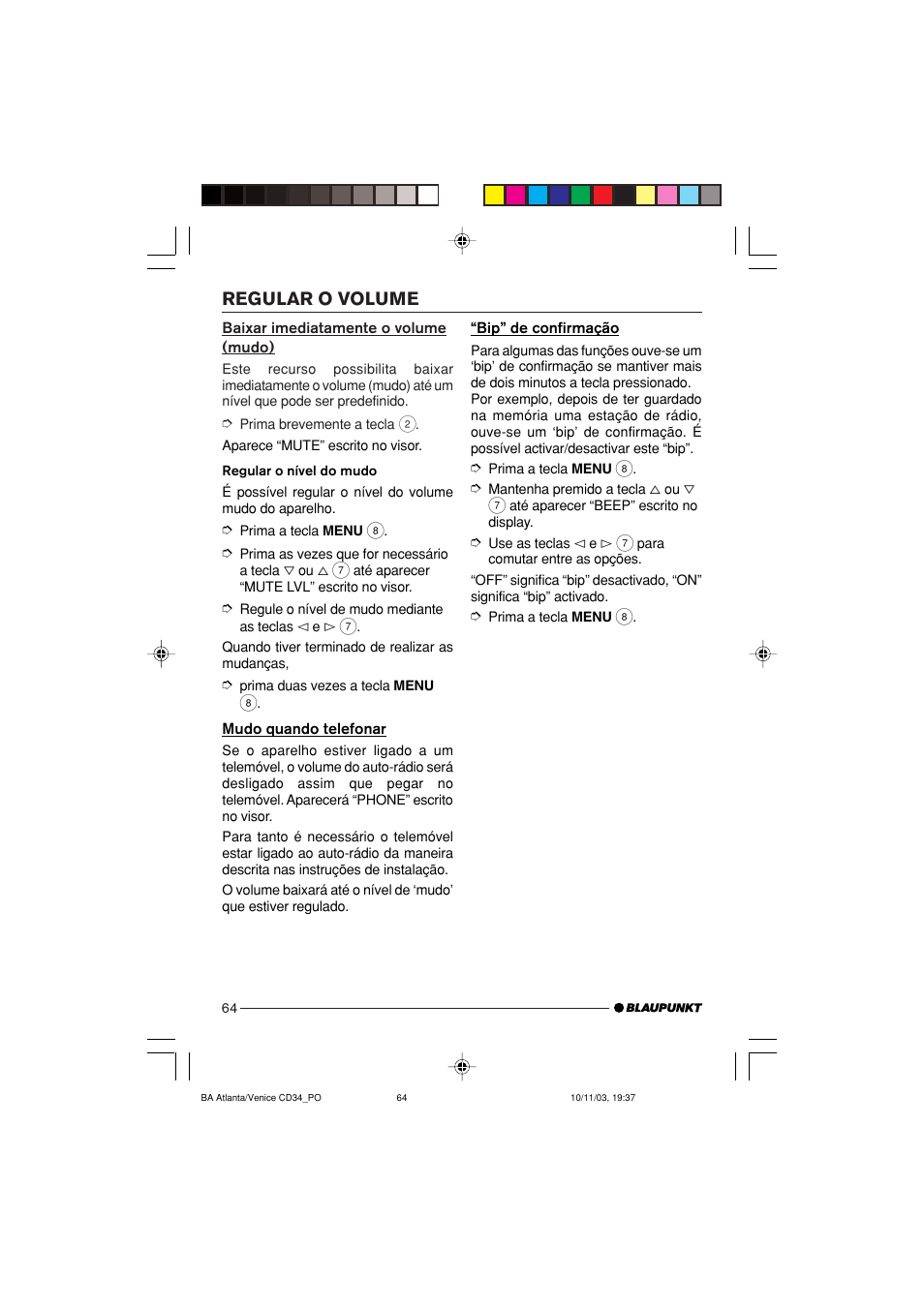 Regular o volume | Blaupunkt Atlanta CD34 User Manual | Page 64 / 84