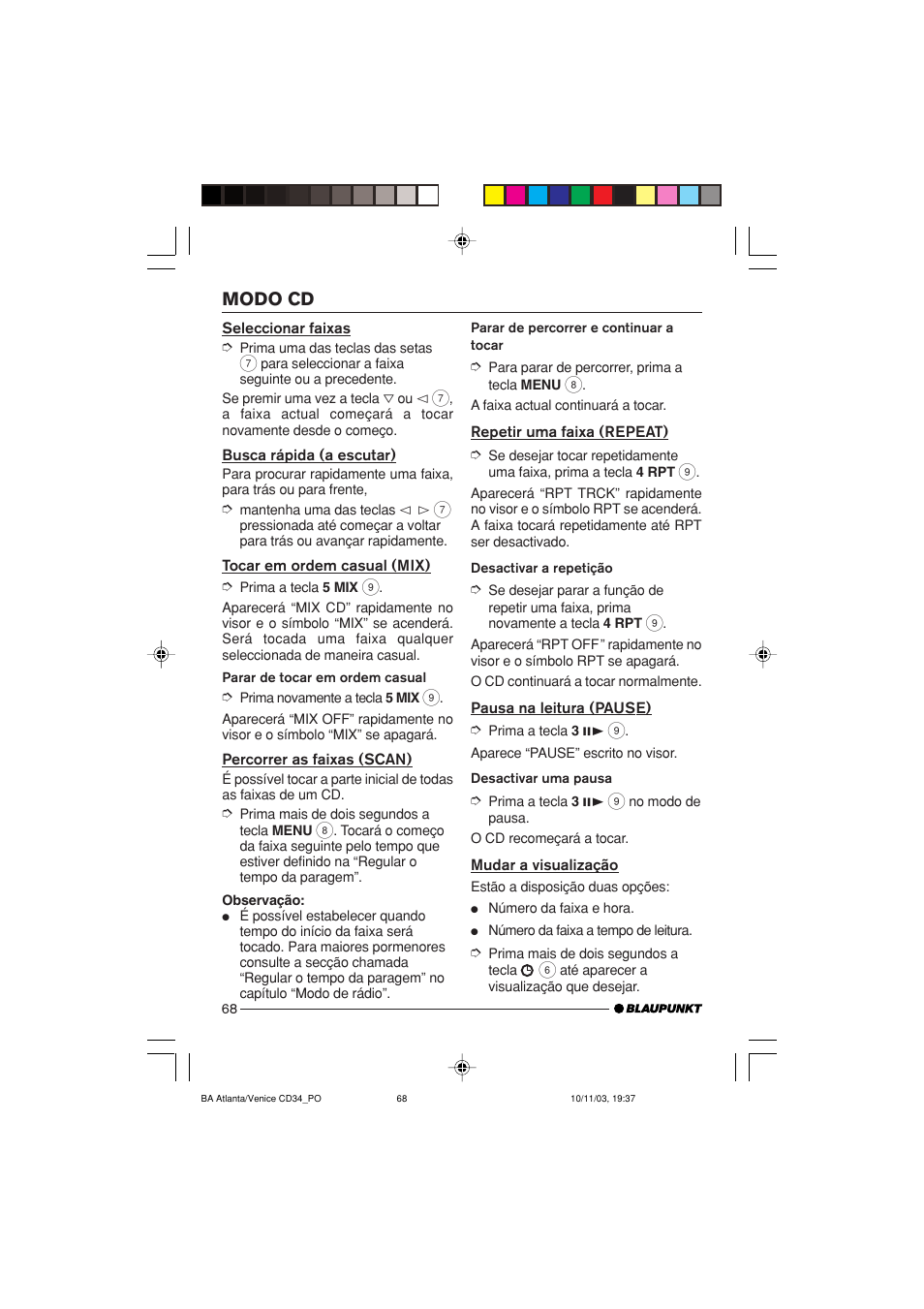 Modo cd | Blaupunkt Atlanta CD34 User Manual | Page 68 / 84