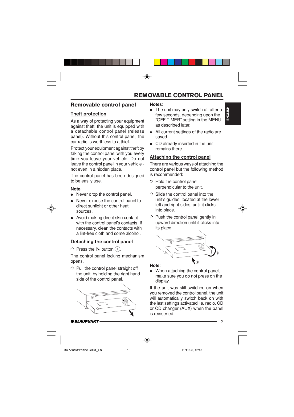 Removable control panel | Blaupunkt Atlanta CD34 User Manual | Page 7 / 84