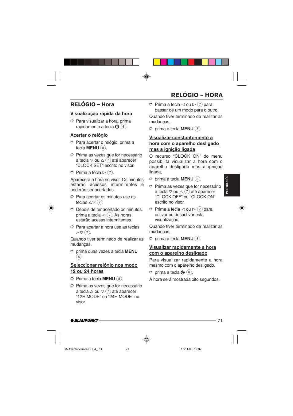 Relógio – hora | Blaupunkt Atlanta CD34 User Manual | Page 71 / 84
