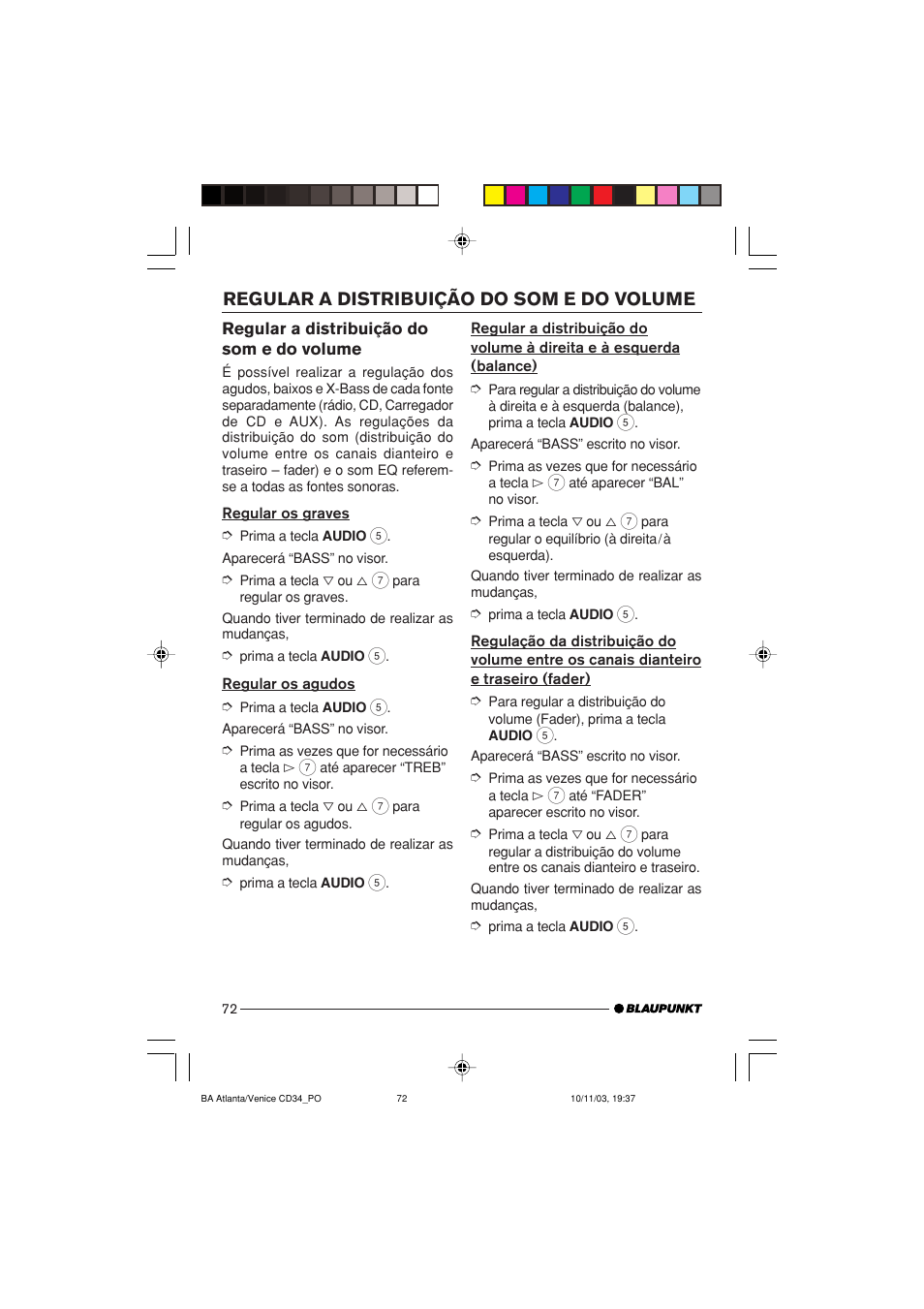 Regular a distribuição do som e do volume | Blaupunkt Atlanta CD34 User Manual | Page 72 / 84