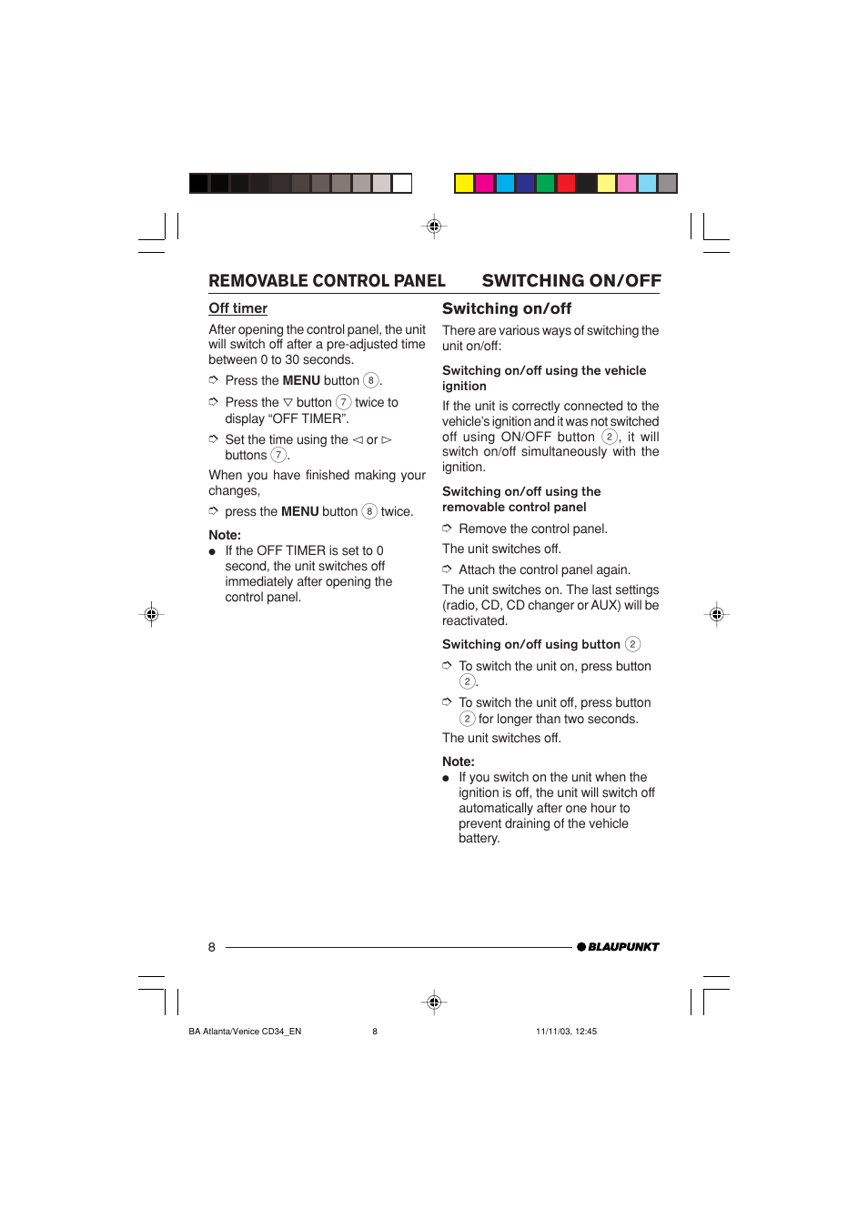 Switching on/off removable control panel | Blaupunkt Atlanta CD34 User Manual | Page 8 / 84