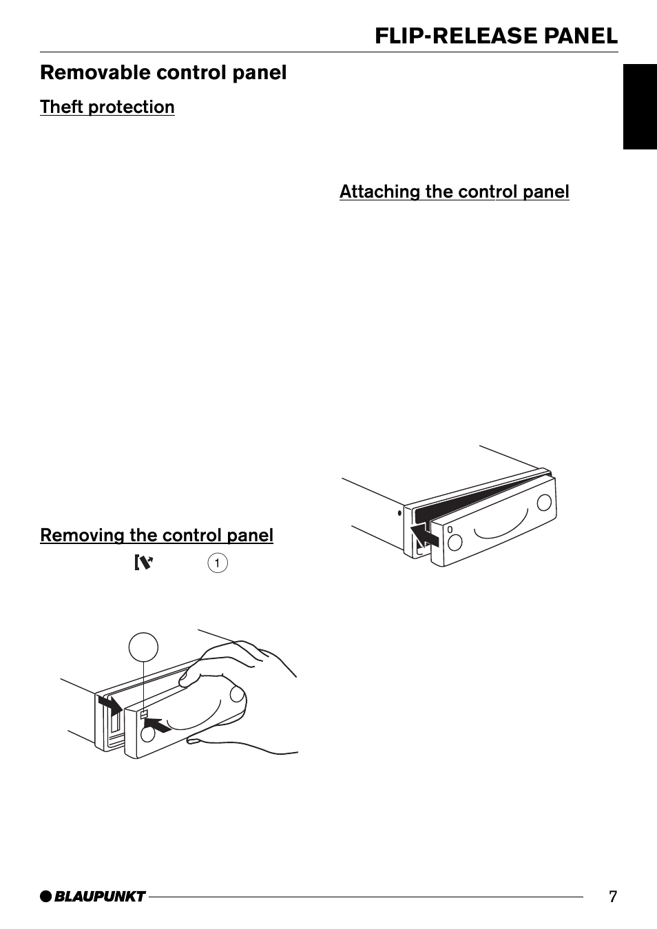 Flip-release panel, Removable control panel, Theft protection | Removing the control panel, Attaching the control panel | Blaupunkt MALIBU C50 User Manual | Page 7 / 20