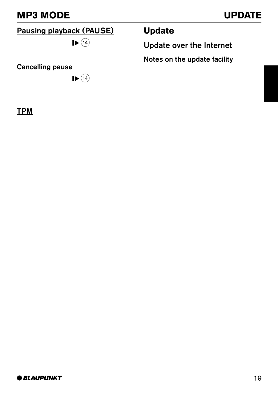 Pausing playback (pause), Update over the internet, Pausing playback (pause) tpm | Update mp3 mode, Update | Blaupunkt Compact Drive MP3 User Manual | Page 10 / 11