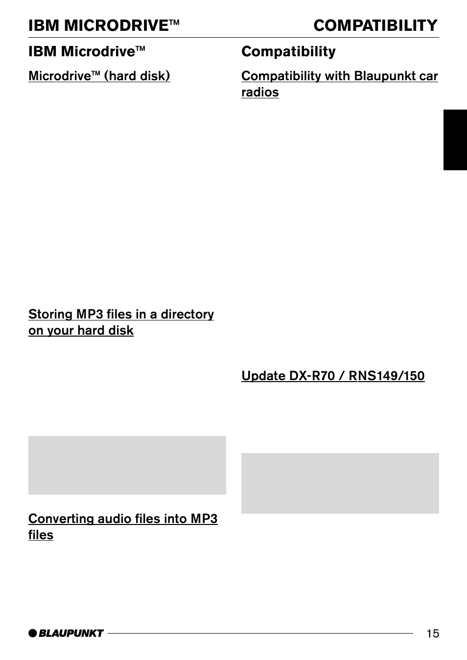 Microdrive™ (hard disk), Storing mp3 files in a directory on your hard disk, Converting audio files into mp3 files | Compatibility 15, Update dx-r70 / rns149/150 15, Compatibility with blaupunkt car radios, Ibm microdrive, Compatibility | Blaupunkt Compact Drive MP3 User Manual | Page 6 / 11