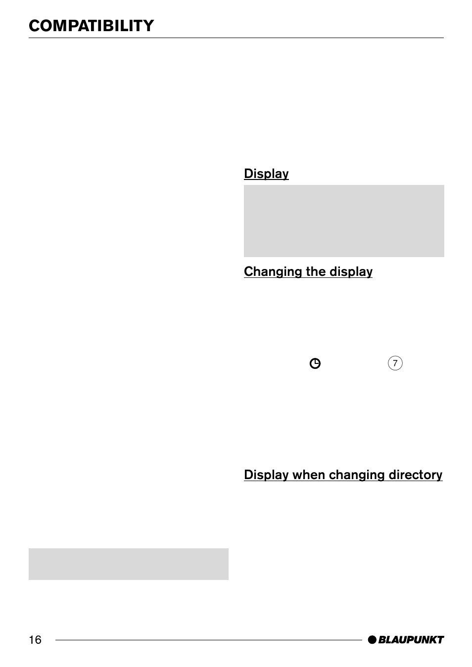Display, Changing the display, Display when changing directory | Display changing the display, Compatibility | Blaupunkt Compact Drive MP3 User Manual | Page 7 / 11