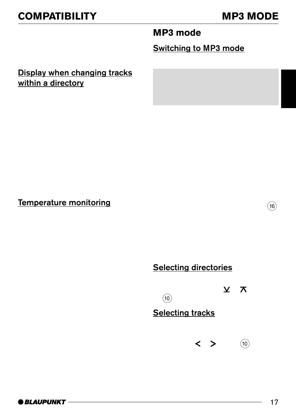Display when changing tracks within a directory, Temperature monitoring, Mp3 mode | Switching to mp3 mode, Selecting directories, Selecting tracks, Switching to mp3 mode selecting directories, Compatibility | Blaupunkt Compact Drive MP3 User Manual | Page 8 / 11