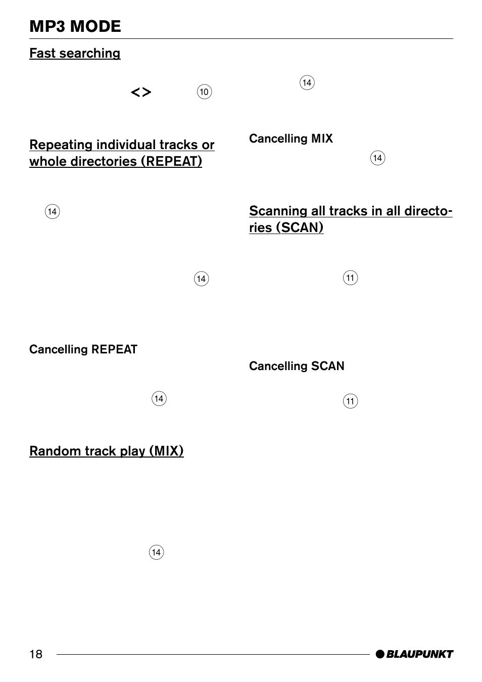 Fast searching, Random track play (mix), Scanning all tracks in all directories (scan) | Mp3 mode | Blaupunkt Compact Drive MP3 User Manual | Page 9 / 11