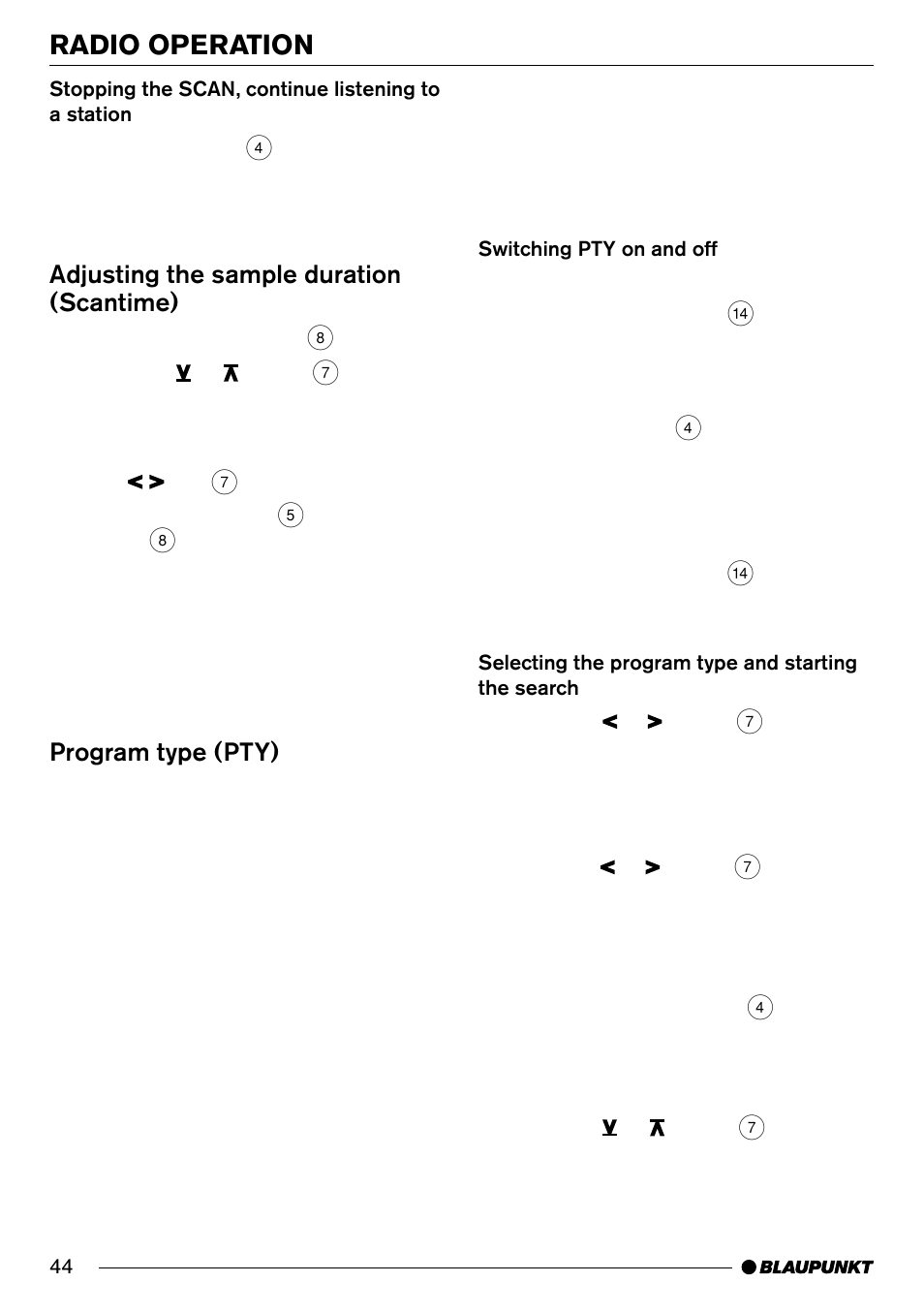 Radio operation, Adjusting the sample duration (scantime), Program type (pty) | Blaupunkt Phoenix CD70 User Manual | Page 16 / 31