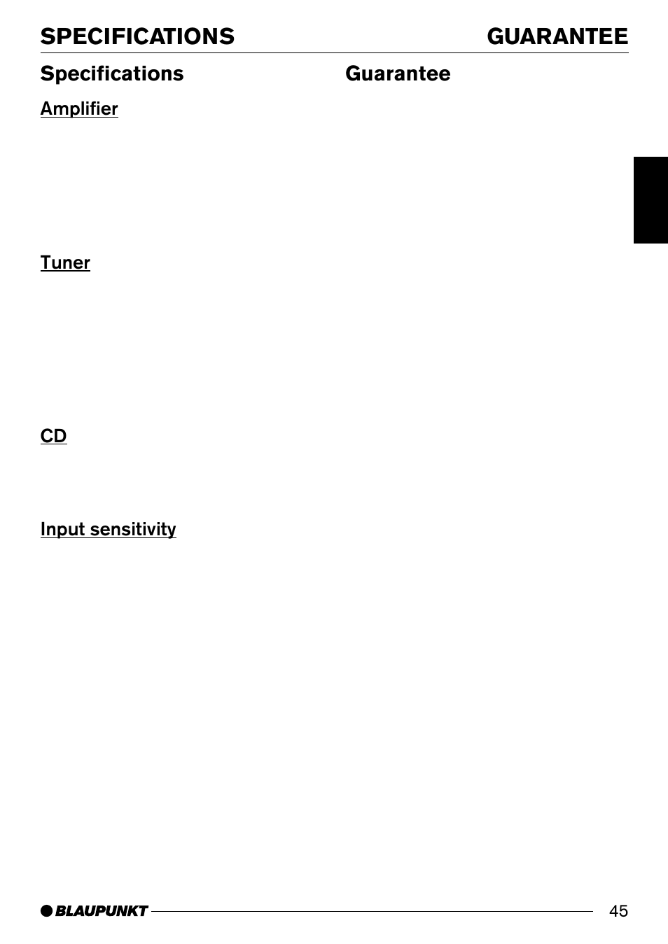 Guarantee, Specifications, Amplifier | Tuner, Input sensitivity | Blaupunkt Alicante CD31 User Manual | Page 23 / 23