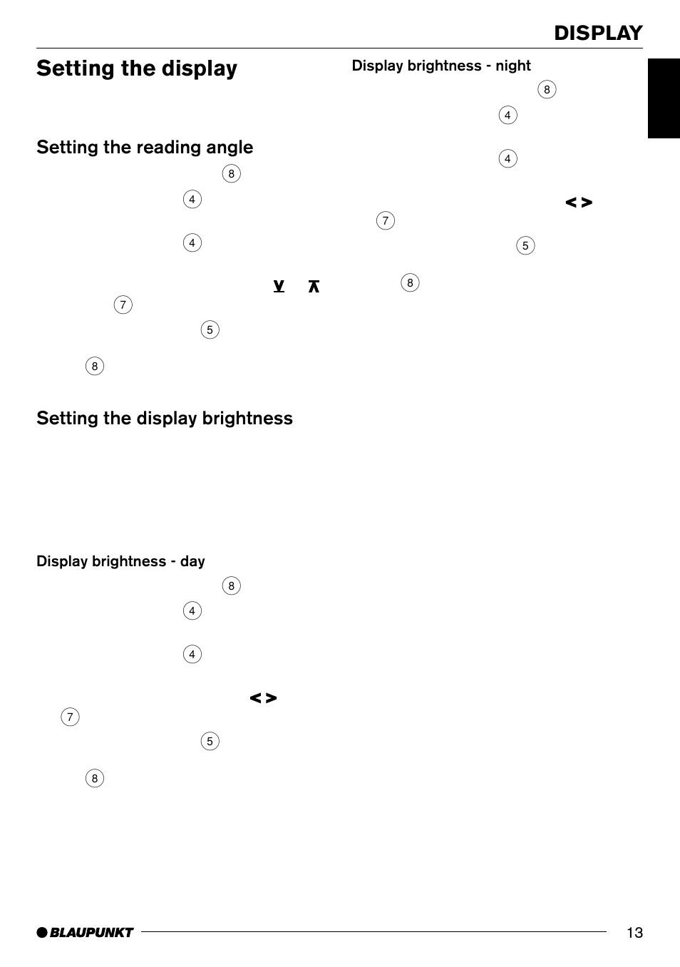 Setting the display, Display, Setting the reading angle | Setting the display brightness | Blaupunkt SAN FRANCISCO CD70 User Manual | Page 13 / 38