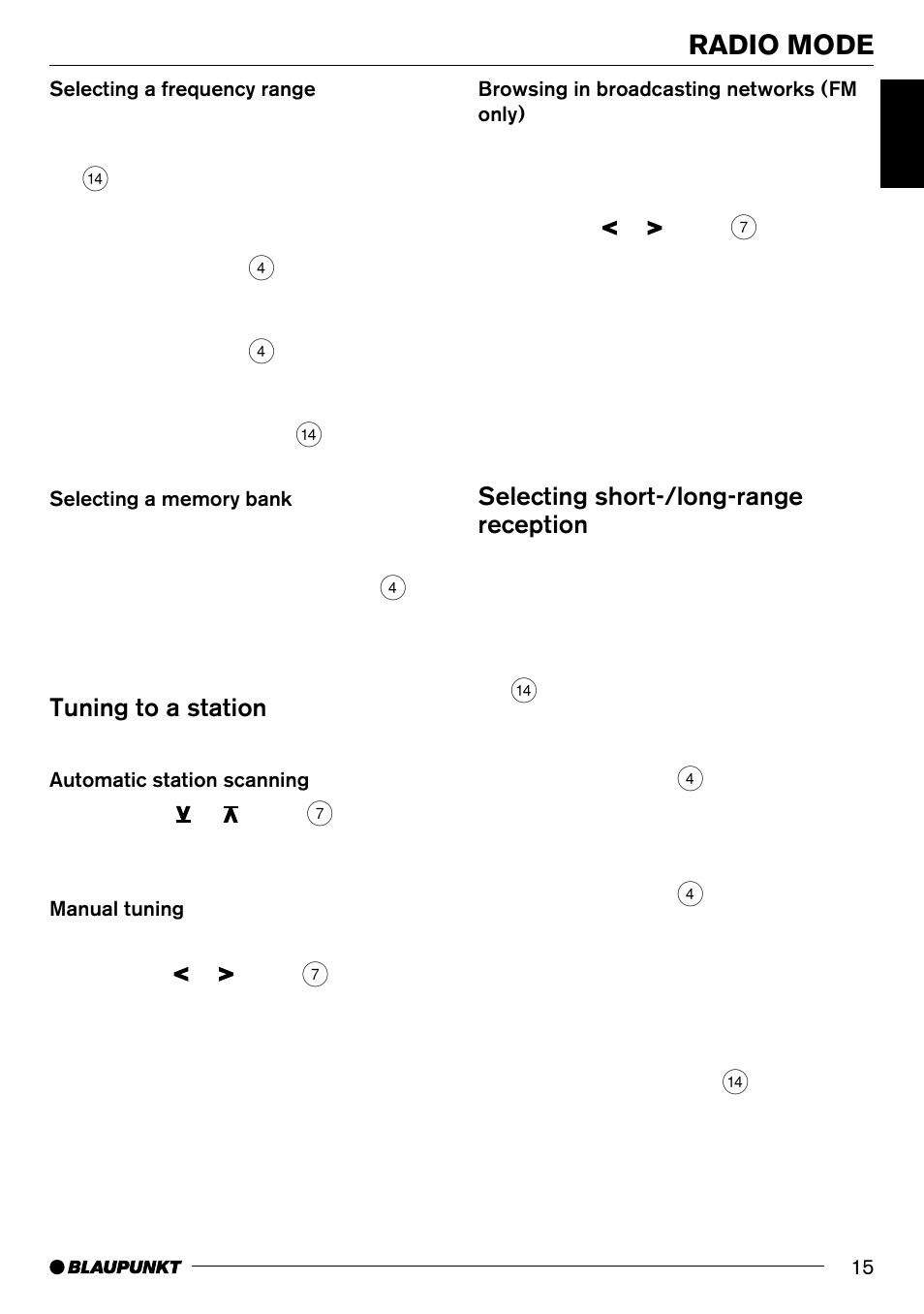 Radio mode, Tuning to a station, Selecting short-/long-range reception | Blaupunkt SAN FRANCISCO CD70 User Manual | Page 15 / 38