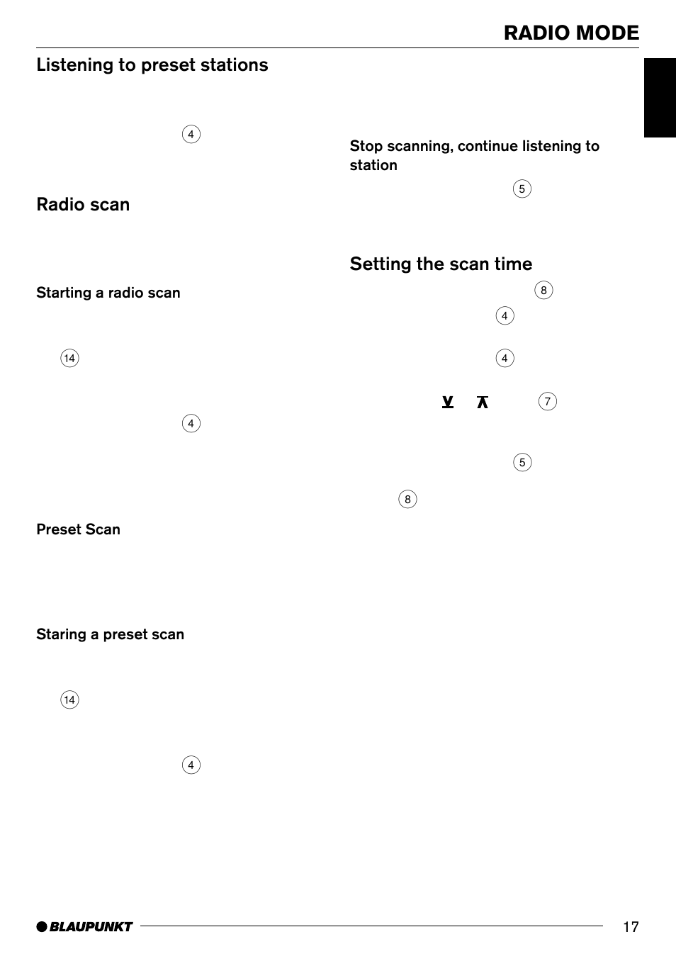 Radio mode, Listening to preset stations, Radio scan | Setting the scan time | Blaupunkt SAN FRANCISCO CD70 User Manual | Page 17 / 38