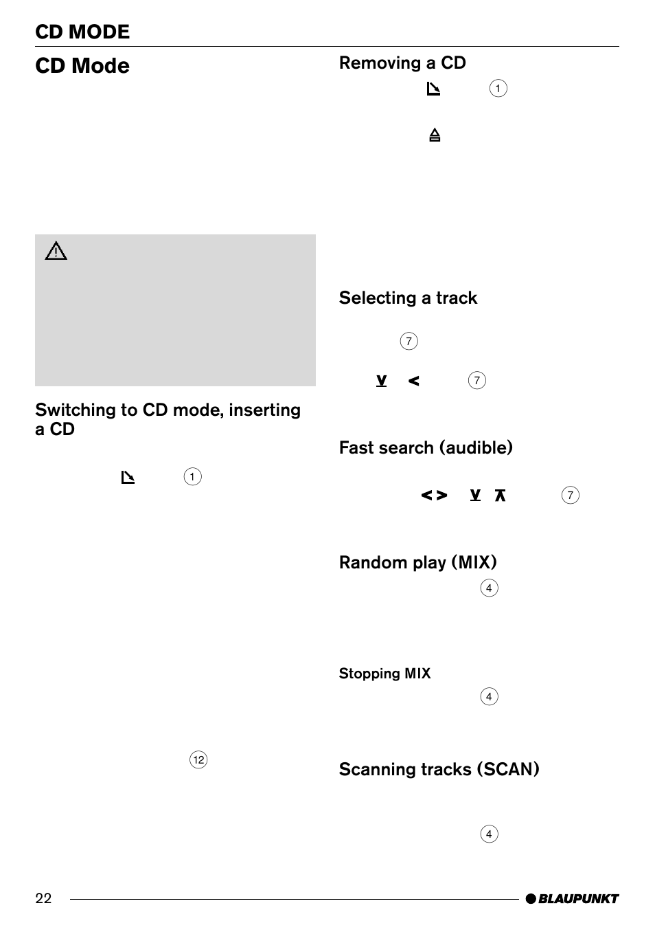 Cd mode, Switching to cd mode, inserting a cd, Removing a cd | Selecting a track, Fast search (audible), Random play (mix), Scanning tracks (scan) | Blaupunkt SAN FRANCISCO CD70 User Manual | Page 22 / 38