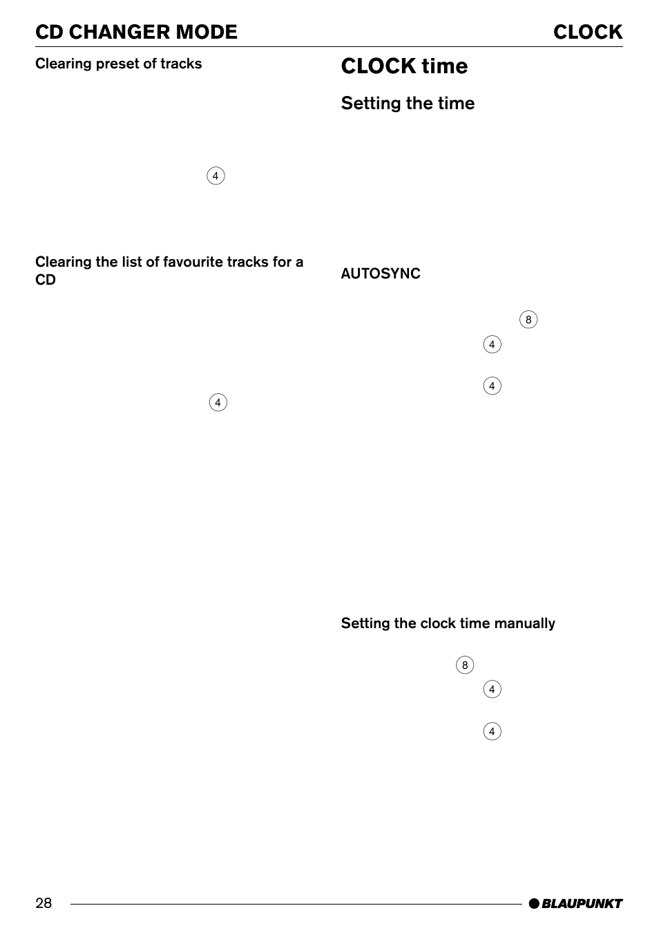 Clock time, Cd changer mode clock, Setting the time | Blaupunkt SAN FRANCISCO CD70 User Manual | Page 28 / 38
