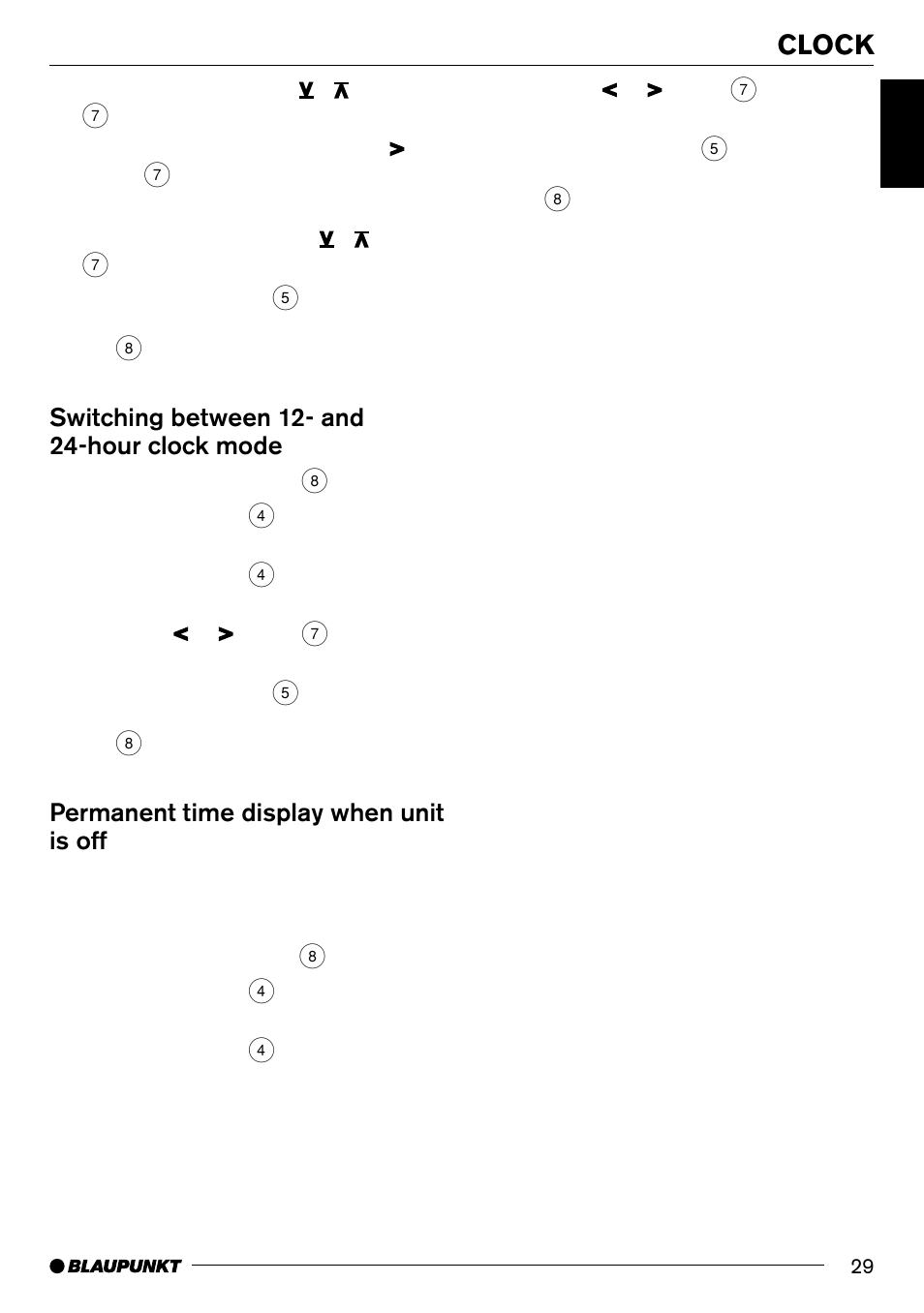 Clock, Switching between 12- and 24-hour clock mode, Permanent time display when unit is off | Blaupunkt SAN FRANCISCO CD70 User Manual | Page 29 / 38