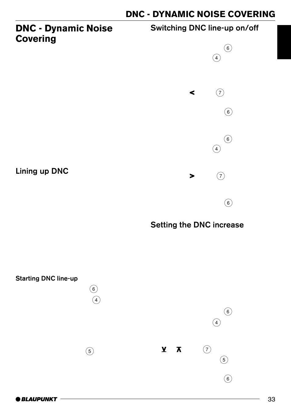 Dnc - dynamic noise covering, Lining up dnc, Switching dnc line-up on/off | Setting the dnc increase | Blaupunkt SAN FRANCISCO CD70 User Manual | Page 33 / 38