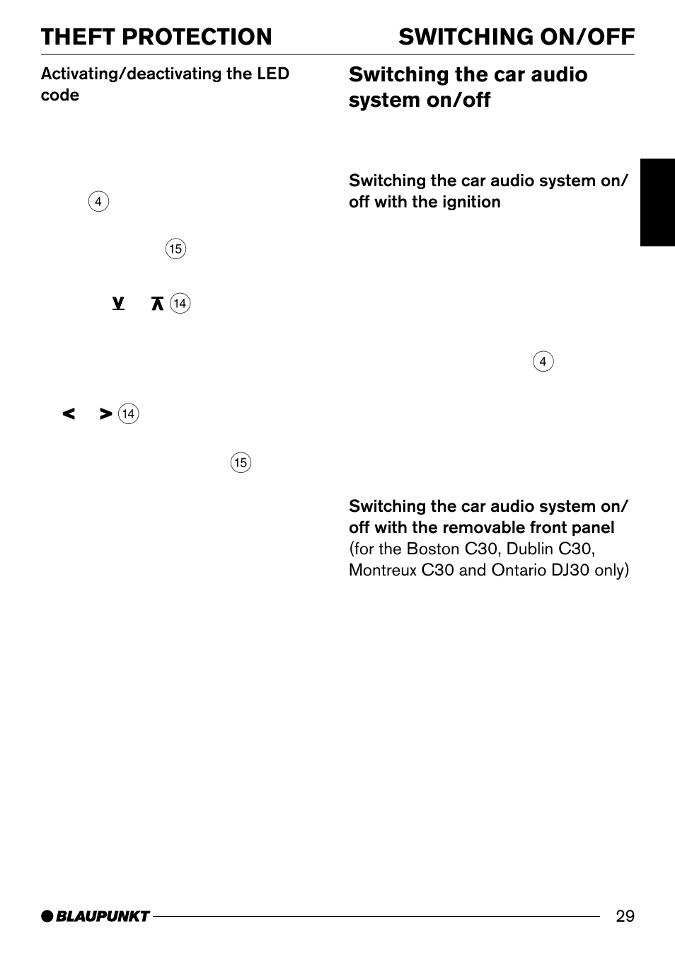 Switching on/off, Theft protection, Switching the car audio system on/off | Blaupunkt BOSTONC30 User Manual | Page 9 / 24