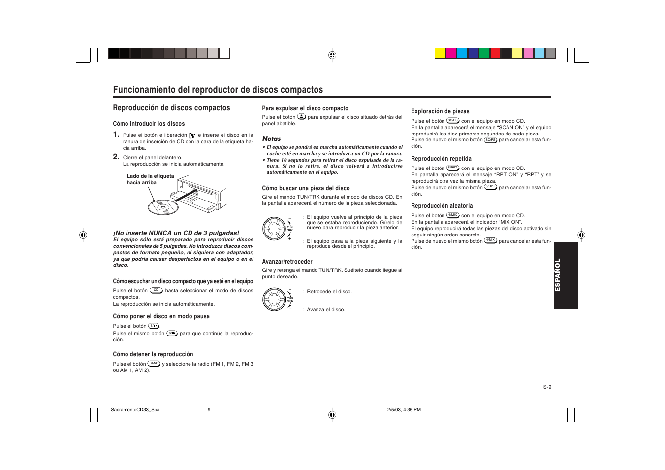 Funcionamiento del reproductor de discos compactos, Reproducción de discos compactos | Blaupunkt Sacramento CD33 User Manual | Page 42 / 65