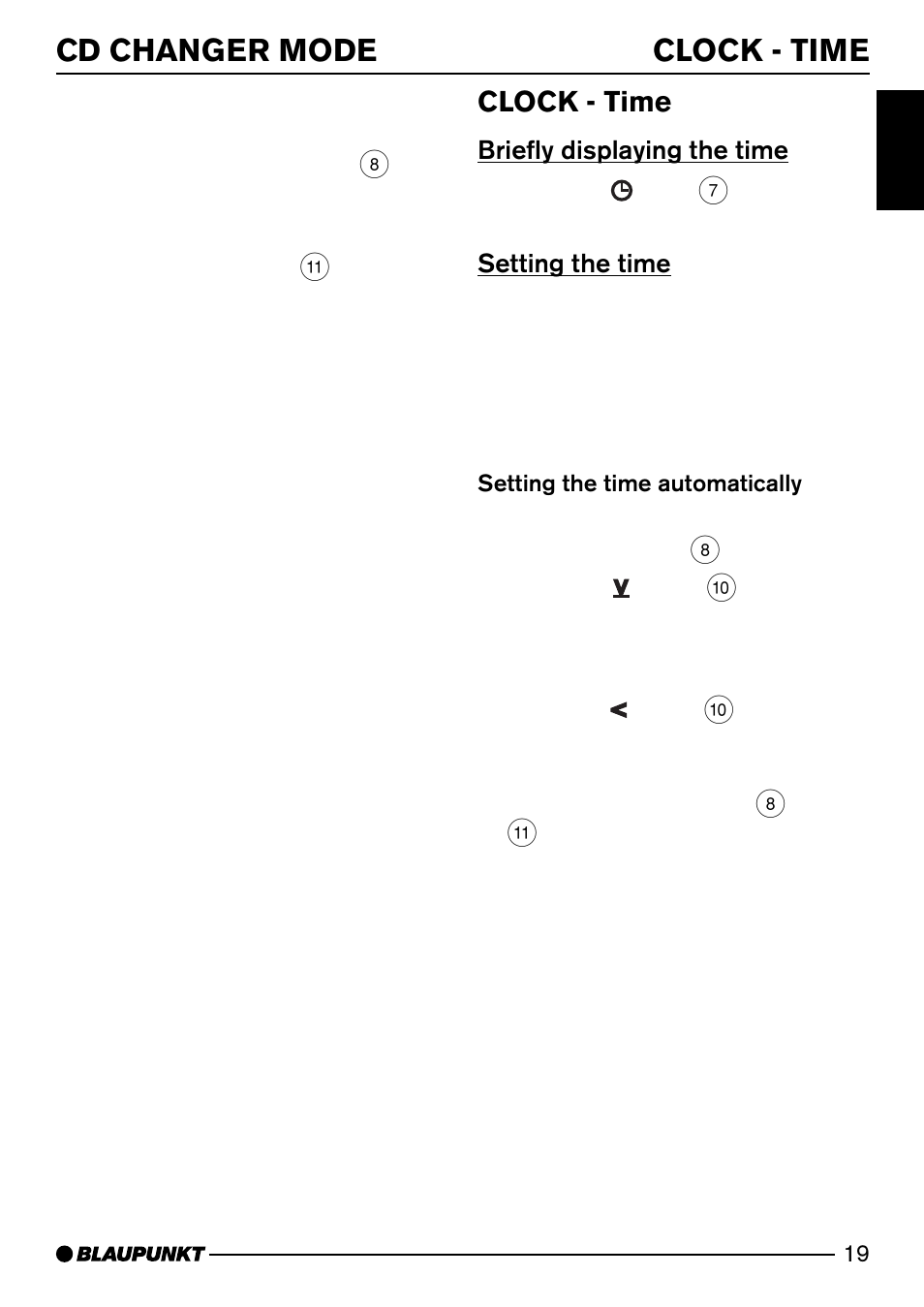 Clock - time 19, Cd changer mode clock - time, Clock - time | Blaupunkt HEIDELBERG CD51 User Manual | Page 19 / 27