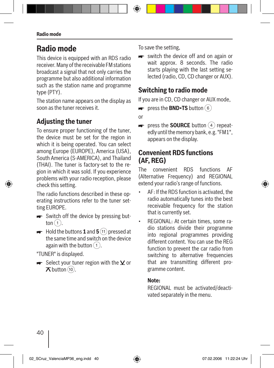 Radio mode, Adjusting the tuner, Switching to radio mode | Convenient rds functions (af, reg) | Blaupunkt SANTA CRUZ MP36 User Manual | Page 11 / 33