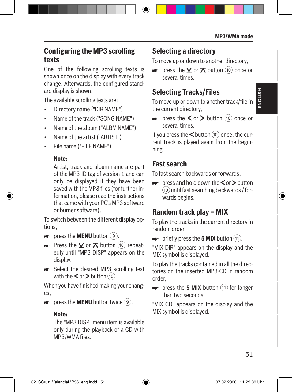 Configuring the mp3 scrolling texts, Selecting a directory, Selecting tracks/files | Fast search, Random track play – mix | Blaupunkt SANTA CRUZ MP36 User Manual | Page 22 / 33