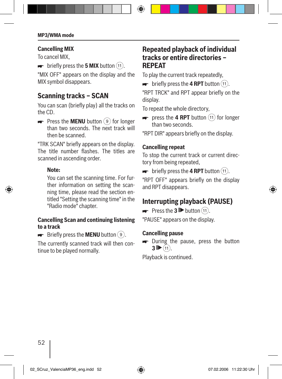 Scanning tracks – scan, Interrupting playback (pause) | Blaupunkt SANTA CRUZ MP36 User Manual | Page 23 / 33