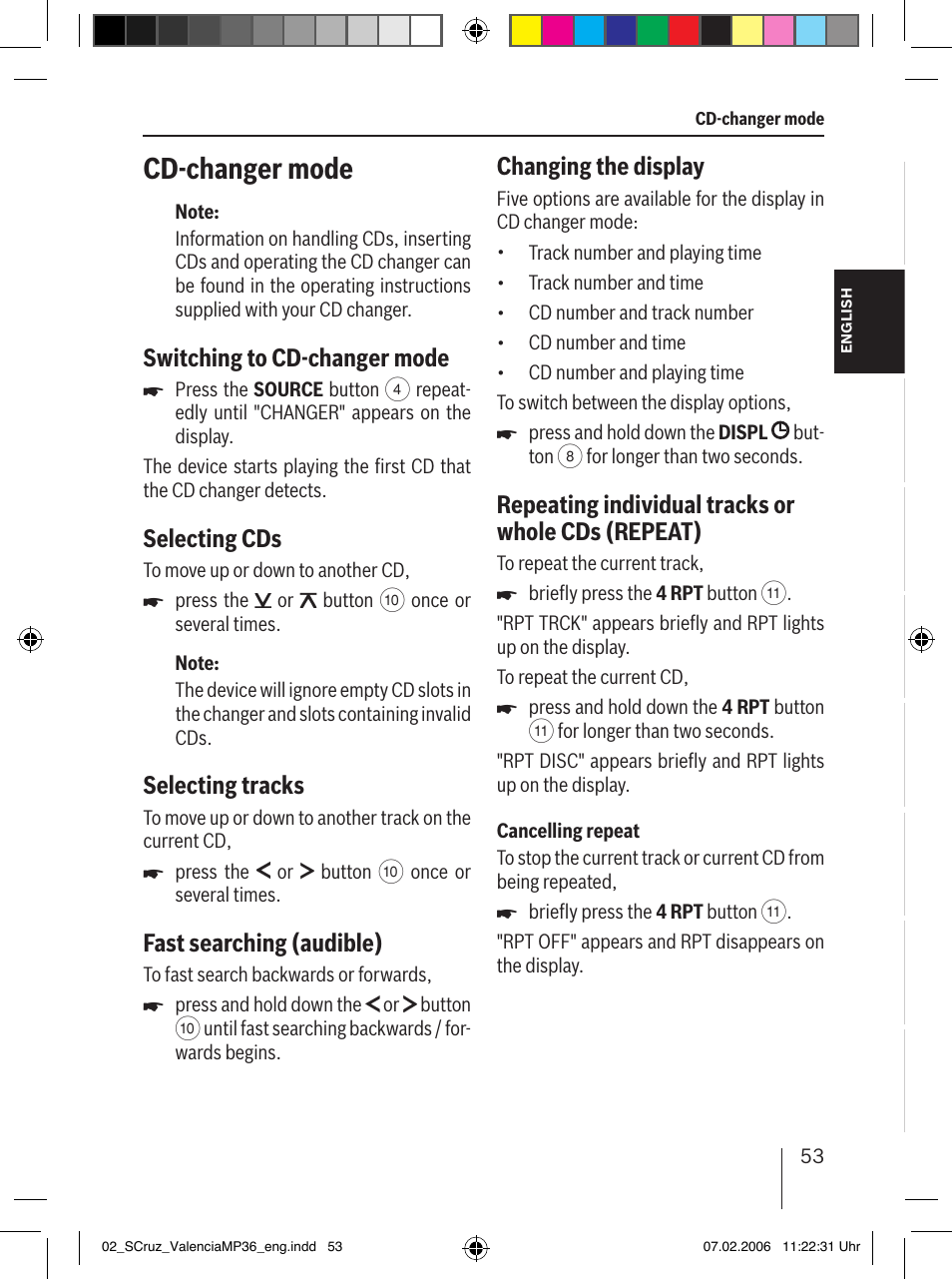 Cd-changer mode, Switching to cd-changer mode, Selecting cds | Selecting tracks, Fast searching (audible), Changing the display, Repeating individual tracks or whole cds (repeat) | Blaupunkt SANTA CRUZ MP36 User Manual | Page 24 / 33