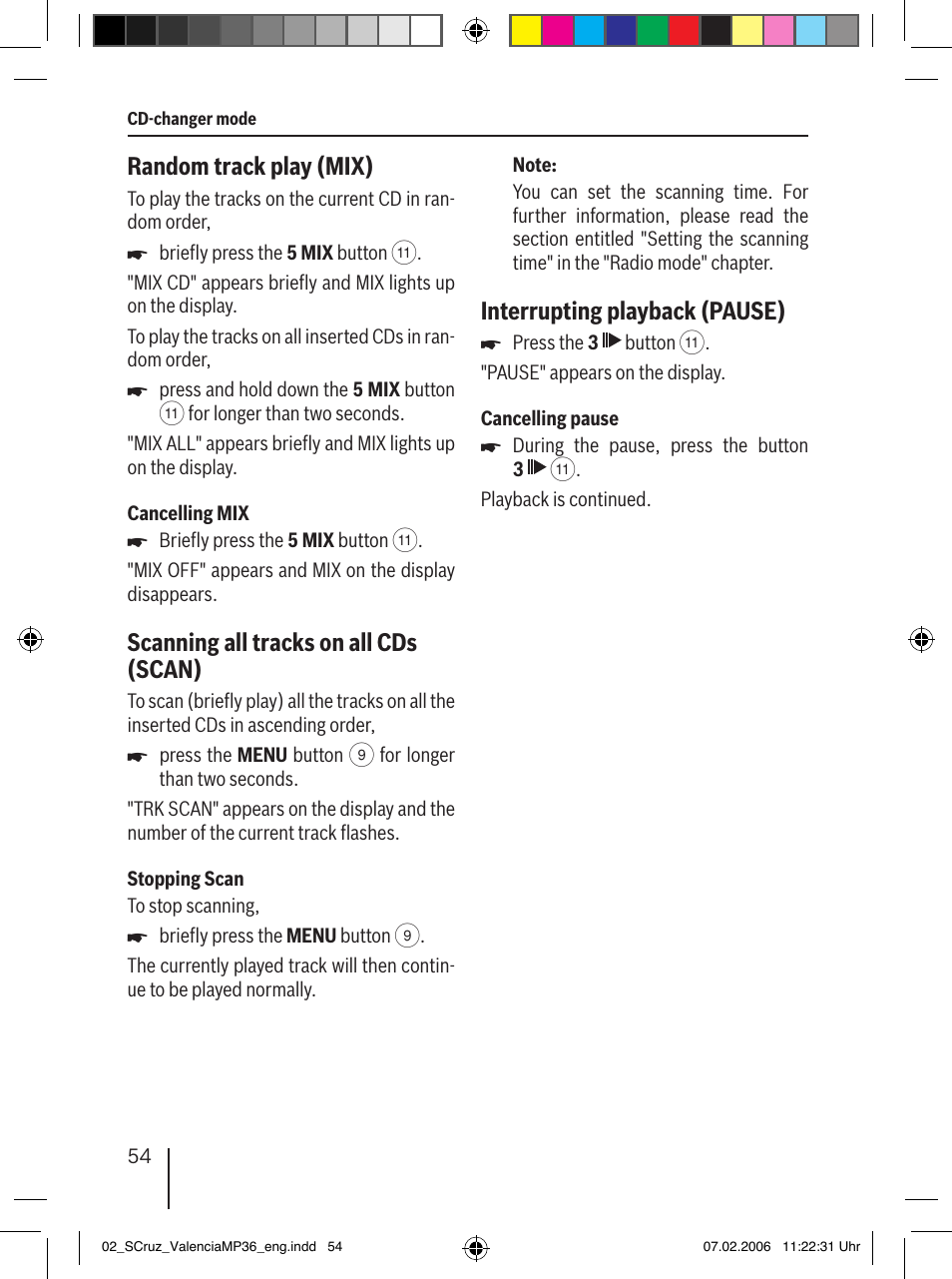 Random track play (mix), Scanning all tracks on all cds (scan), Interrupting playback (pause) | Blaupunkt SANTA CRUZ MP36 User Manual | Page 25 / 33