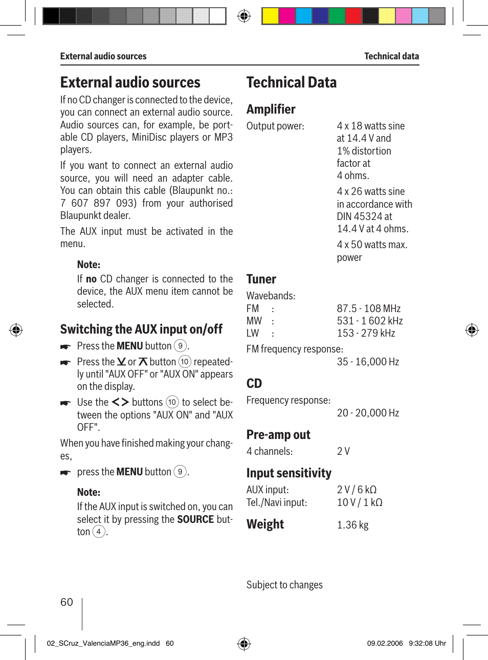 External audio sources, Technical data, Switching the aux input on/off | Amplifier, Tuner, Pre-amp out, Input sensitivity, Weight | Blaupunkt SANTA CRUZ MP36 User Manual | Page 31 / 33