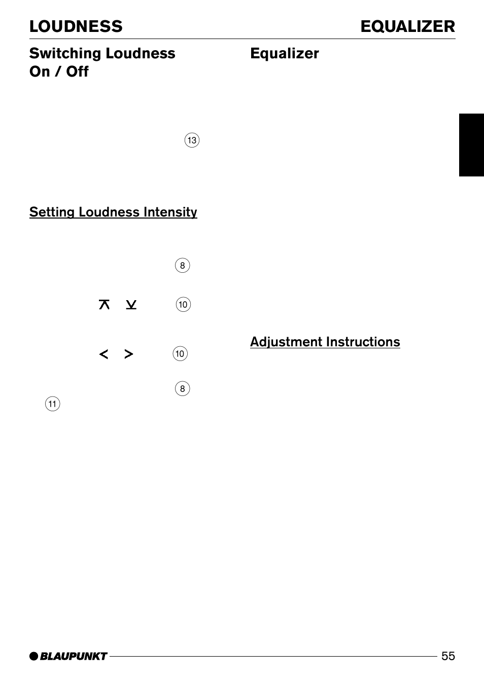Equalizer loudness, Switching loudness on / off, Equalizer | Setting loudness intensity, Adjustment instructions | Blaupunkt Verona C51 User Manual | Page 26 / 30