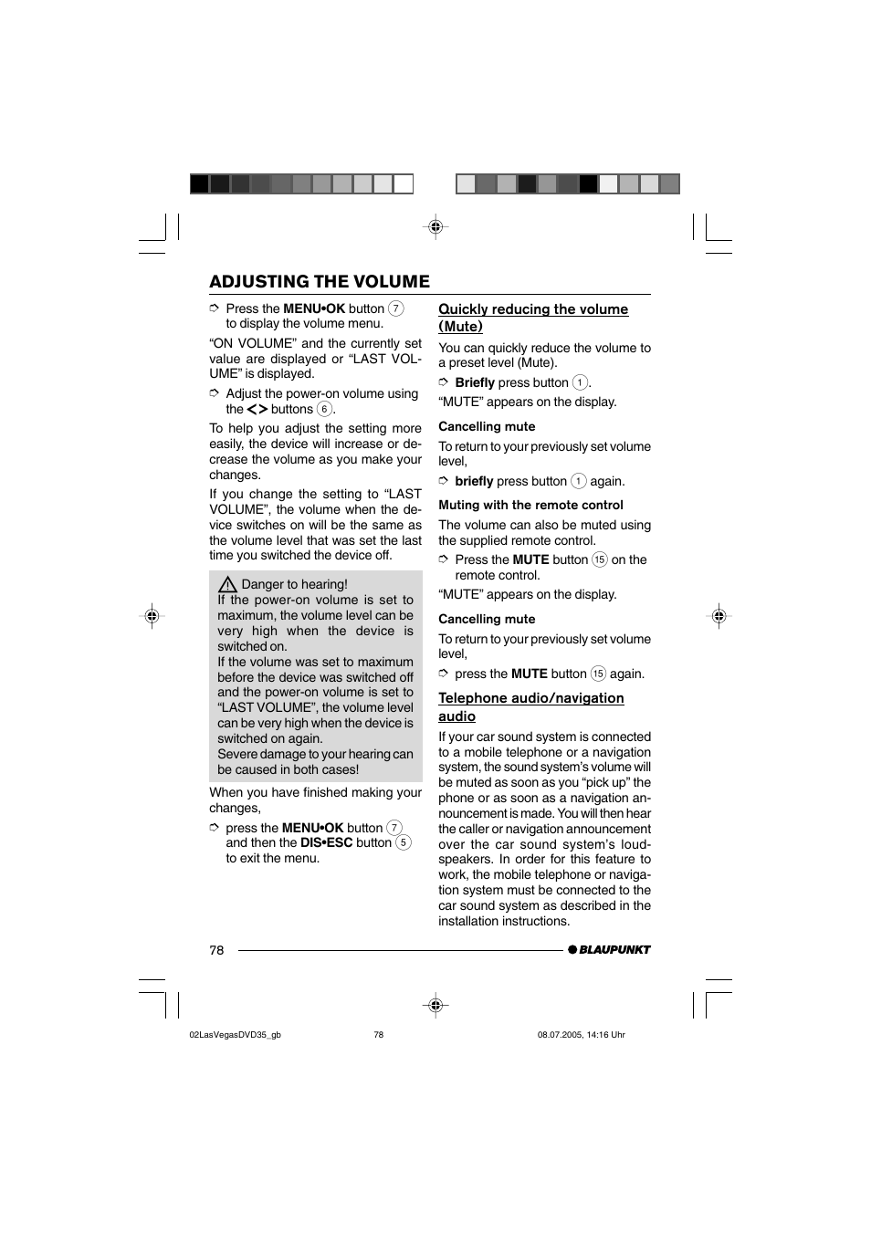 Adjusting the volume | Blaupunkt LAS VEGAS 7 645 650 310 User Manual | Page 13 / 72